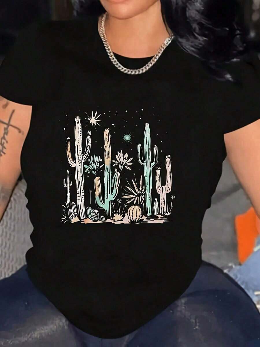 Unisex T-Shirt With Cactus Print, Desert Plant Design, Southwest Style, Casual Loose Fit, Short Sleeve, Suitable For Spring And Summer, With Desert Plant Print And Cactus Decoration, 2 Pack, T-Shirt Gift For Mother's Day, The Best Mom Print T-Shirt Gift. - 黑色 - 查看 1