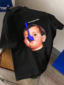 Men's Plus Size T-Shirts 100% Cotton Boy's Face Print With Blue Spoon Round Neck Short Sleeve Comfortable And Casual For Summer, PLUS SIZE[COD] - 黑色 - 查看 1