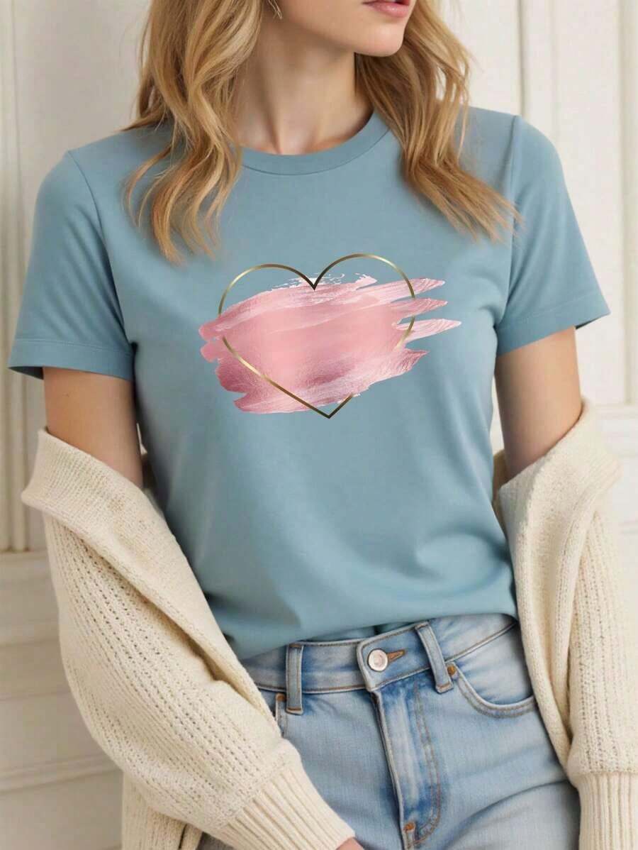 Free Shipping, Local Delivery In Mexico, Delivery In 4 Days. Women's Casual Short-Sleeved Crew Neck T-Shirt With Pink Heart And Graffiti Print. - 藍霧 - 查看 1