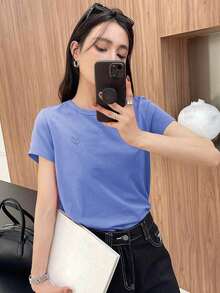 Y2K Style, Fashionable Style, Newest 2026 Style, Cute Style, Casual Style. Women's Short-Sleeved T-Shirt With Embroidered Heart And Letter Design For Valentine's Day, Casual And Work Style. 180g (S-XXXL) - 藍色的 - 查看 2