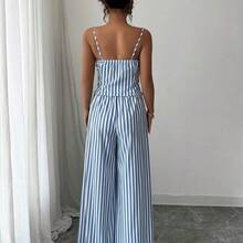 Women's Striped Asymmetric Hem Camisole Top And Wide Leg Pants Casual 2 Pieces Set - azul real - Ver 3