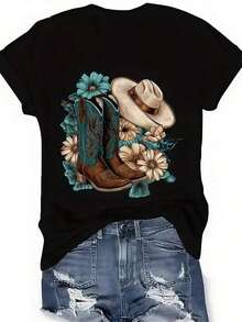 Diseño simple y versátil, nueva camiseta de manga corta con cuello redondo y estampado de sombrero de vaquero y botas, estilo casual de primavera, camiseta de algodón puro para el verano. - Negro - Ver 1