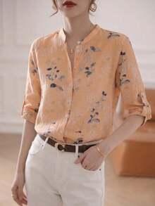Blusa de mujer de manga 3/4 con cuello alto, estampado floral acuarela azul grisáceo| Blusa de ajuste ceñido, transpirable, de manga acampanada, para oficina/vacaciones, primavera/verano - Naranja - Ver 6