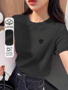 Y2K Style, Modern Style, The Newest Of 2026, Cute Style, Casual Style. Women's Loose-Fitting Casual Summer T-Shirt With Embroidered Heart And Letter Pattern, Red, 180g (S-XXXL) - 深灰色 - 查看 8