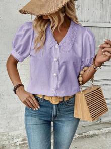 Camisa casual de mujer de manga corta con encaje de contraste - Morado 2 - Ver 4