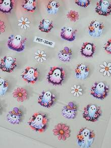 1pc Colorful Flower Ghost Nail Stickers, Self-Adhesive Disposable Embossed Nail Art Decals, Cute Style Nail Art Stickers, Suitable For Holiday Party, Cartoon Pattern - Multicolor - View 4