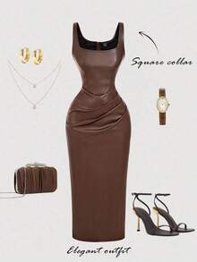Women's Solid Color Sleeveless Fitted PU Dress, Suitable For Commuting - Marrón - Ver 10