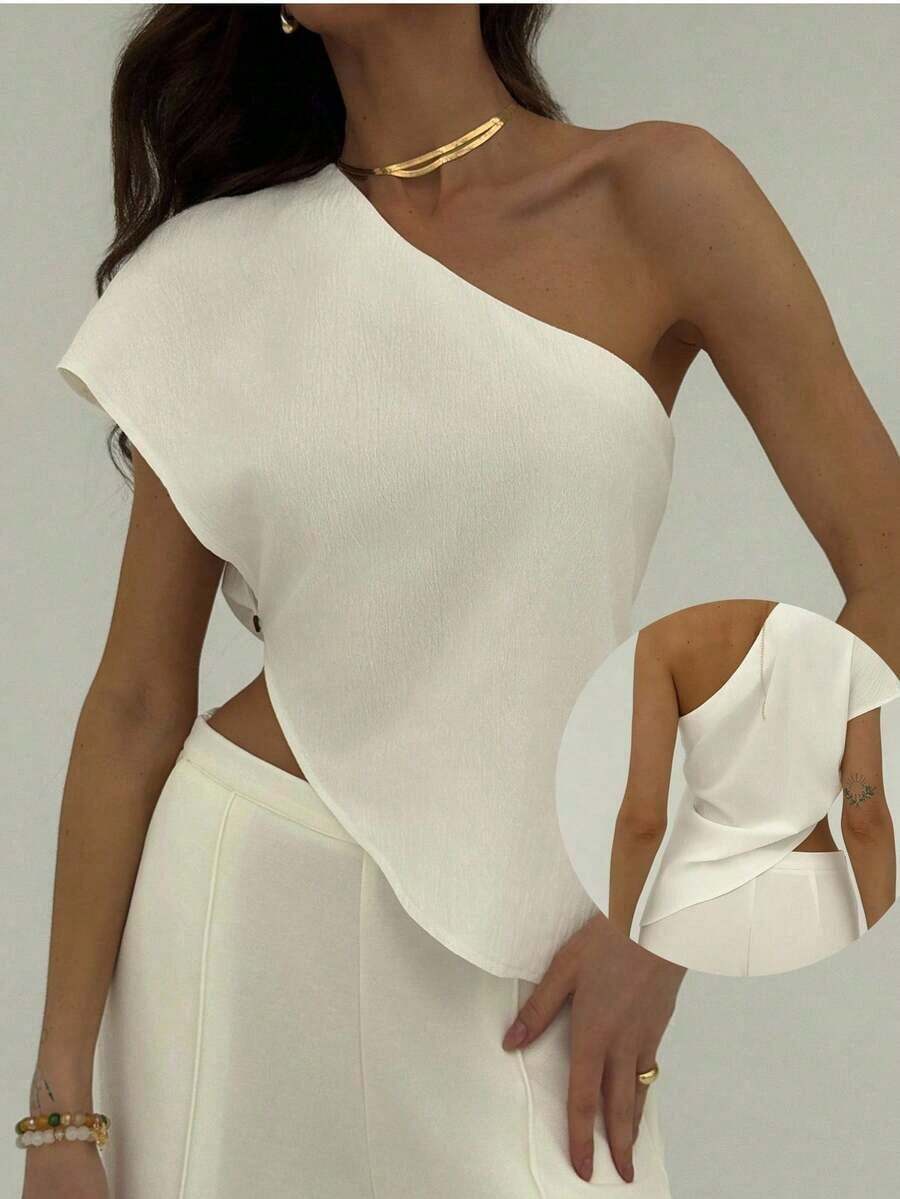 Blusa de cuello asymmétrico de unicolor para mujer, de moda para el verano - Albaricoque - Ver 1