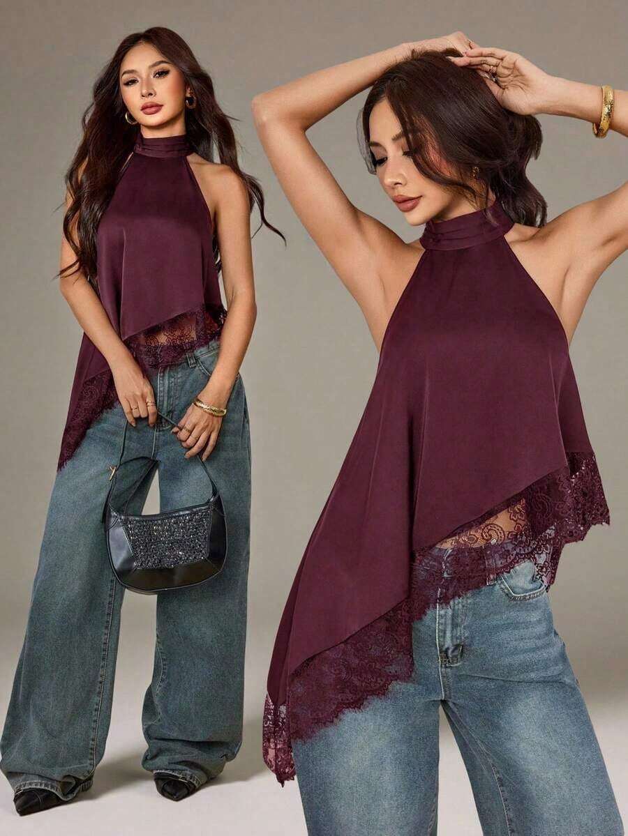Blusa sin mangas elegante y formal con cuello halter asimétrico, adorno de encaje y hombros descubiertos para fiesta, cóctel, boda o salida nocturna en verano y otoño - Burdeos - Ver 1