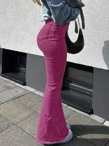 Pantalones vaqueros acampanados de talle alto con estilo Y2K, pantalones casuales elegantes de unicolor y elásticos para mujeres, moda callejera de mezclilla marrón para primavera - Rosa Fucsia - Ver 8