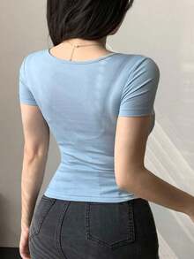 Camiseta corta de mujer con cuello en V, manga corta, ajustada y con nudo, para salir - Azul - Ver 5
