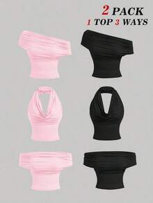 Set de 2 blusas casuales de mujer de ajuste ceñido y unicolor, que se pueden usar de 3 maneras diferentes - Multicolor - Ver 10