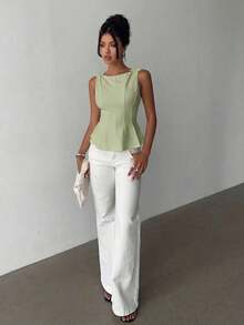 Blusa sin mangas elegante para ir al trabajo, diseño minimalista - Verde Oliva - Ver 3