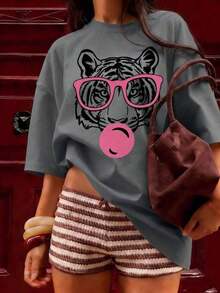 Camiseta Casual de Mujer de Manga Corta, Cuello Redondo, de Poliéster con Estampado de Tigre - Gris Oscuro - Ver 12