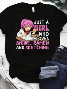 200g Polyester Casual Short-Sleeve T-Shirt With Anime And Alphabet Print, Round Neck, 1 Piece, Women's Clothing, Loose Style, Casual And Versatile, Y2k T-Shirt. - 黑色 - 查看 10