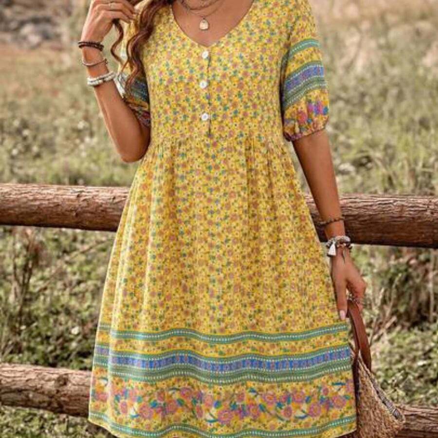Women Short Puff Sleeve Dress With Floral Print, Button Decoration And Vacation Style For Summer Vacation Beach Outfit - Amarillo - Ver 1