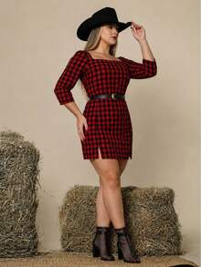 Short Checkered Dress, Mid-Season, 3/4 Sleeve, Plus Size, Stylish, Fashionable For June Festivals, Square Dances, Country Dances, And Cowboys. - 紅與黑 - 查看 10
