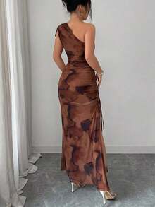 Vestido maxi sin mangas con abertura alta y estampado floral elegante de malla para mujer - Café integral 2 - Ver 2