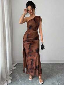 Vestido maxi sin mangas con abertura alta y estampado floral elegante de malla para mujer - Café integral 2 - Ver 6