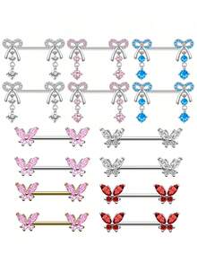 2 piezas de anillos para pezones con colgante de mariposa de cobre con circonita, joyería de perforación sexy de acero inoxidable apta para uso diario - Multicolor - Ver 1