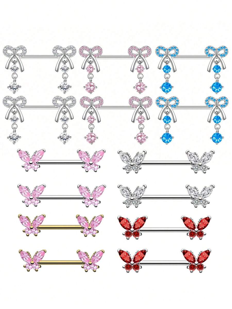 2 piezas de anillos para pezones con colgante de mariposa de cobre con circonita, joyería de perforación sexy de acero inoxidable apta para uso diario - Multicolor - Ver 1