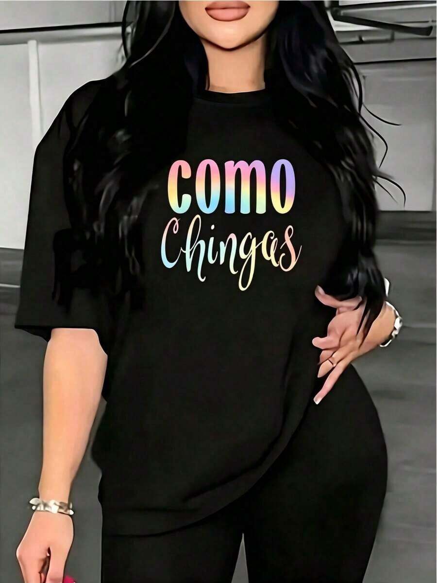 Mexico T-Shirt Made Of High-Quality Breathable Fabric For All Seasons With A "Chingas" Print On A Black T-Shirt And Leggings, Provocative Casual Wear With A Collar - 黑色 - 查看 1