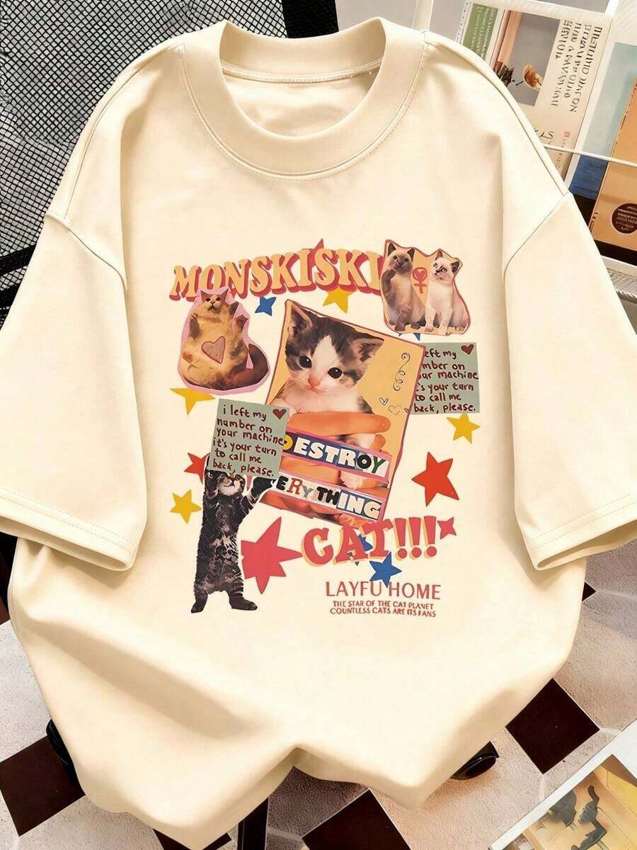 Camiseta informal con estampado de póster de gato retro Y2K, camiseta de manga corta y cuello redondo para mujer. Imprescindible para los amantes de los gatos - Camiseta unisex de algodón holgada de manga corta y cuello redondo estilo vintage urbano-Vintage Street Style Unisexoose Cotton Short Sleeve Crew Neck T-Shirt - Albaricoque - Ver 1