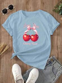 Camiseta blanca con cerezas "Love You Cherry Much" Playera casual de manga corta Camiseta con estampado de cerezas Diseño gráfico de cerezas con frase romántica Estilo juvenil / dulce / femenino - YH303-Azul - Ver 2