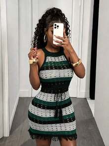 Vestido de Punto Ligero Casual para Vacaciones, con Espalda Descubierta y Lazos Laterales, Colorido, para Mujer, GHJJBN - Verde militar - Ver 4