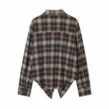 女士格子荷叶边长袖休闲侧开衩衬衫，秋季款 - 淺藍色 - 查看 5