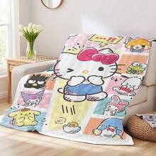 SANRIO 1条三丽鸥全明星主题舒适法兰绒毯，柔软涤纶针织设计，用途广泛，可机洗，毛绒绒的毯子，适合居家、旅行、户外、四季皆宜——沙发、床、办公室、汽车等场所的理想之选。 - 彩色 - 查看 4