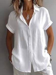 Women's Linen Short Sleeve Shirt Loose Comfortable Casual V-Neck Top White Summer - White - View 5