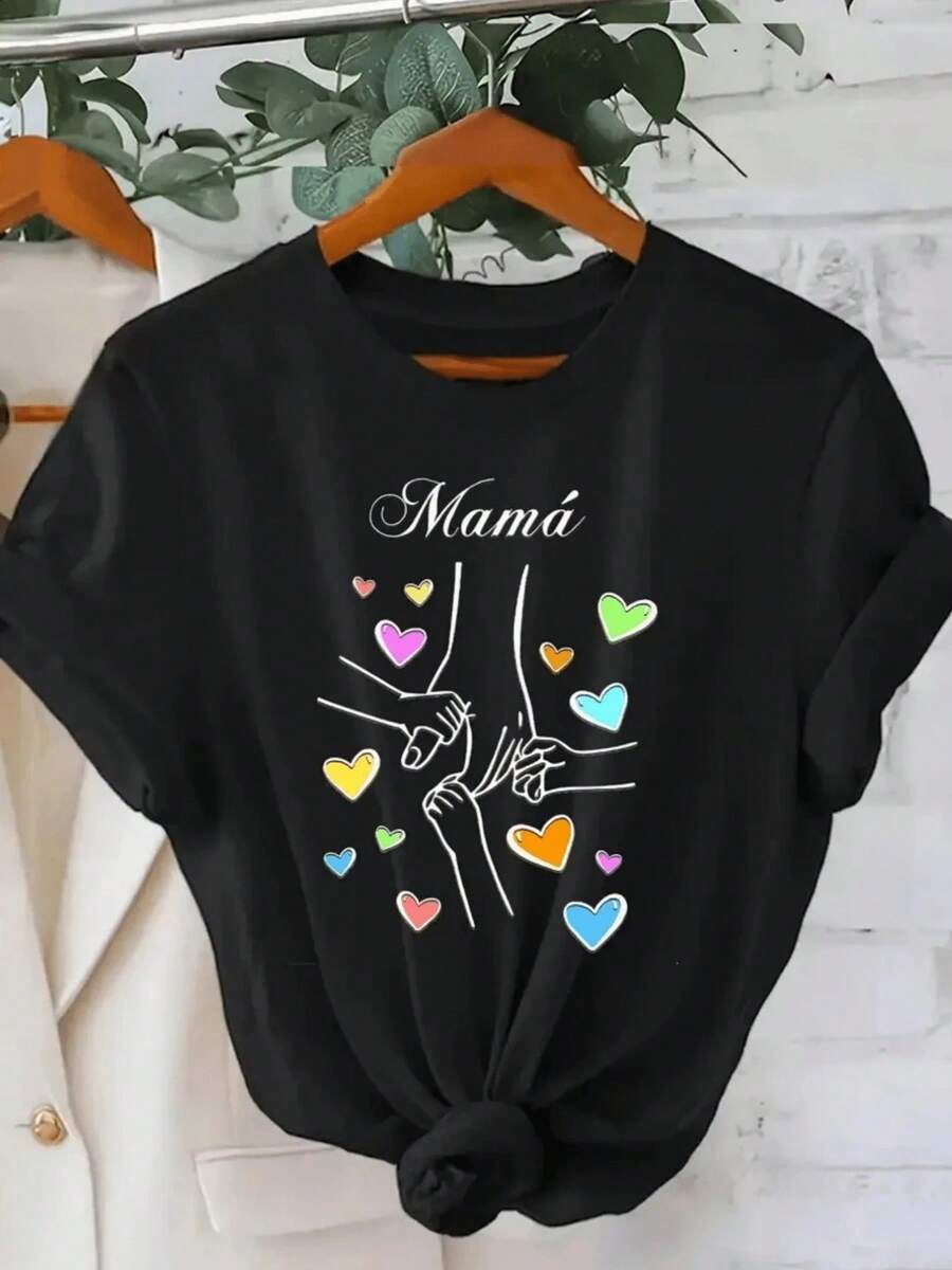 1pscElegante Camiseta de Mujer con Estampado Mamá y Manos con Corazones Coloridos,Diseño Casual y Confortable para el Día a Día.100% Cotton100% Cotton - Negro - Ver 1