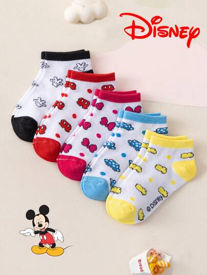 Disney 10/5/1 双装儿童彩色船袜，迪士尼可爱卡通蝴蝶结印花图案，甜美风格，夏季必备，欧美尺码，舒适透气，经久耐穿，适合日常穿着，色彩缤纷的儿童袜子，返校必备，精美礼物