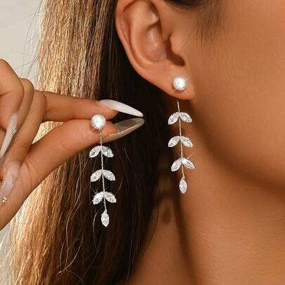 1 Pair Long Vine Leaf Shaped Drop Earrings, Copper Material, Pearl Long Tassel Earrings, Suitable For Wedding, Gala, Party Occasions
