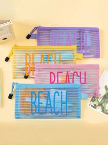 Striped Mesh Beach Bag, Colorful "Beach" Printed Makeup Bag, Beach Theme. Large Capacity Makeup Bag, Nylon Zipper Wash Bag - Lightweight, Can Store Sunscreen, Snacks, Bikinis, Documents, And Beach Essentials. - Multicolor - View 5