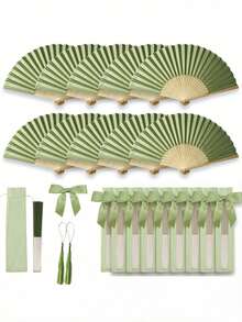 4/8/16/20pcs Set Green Wedding Favor Hand Fan Set, Ladies Folding Fan With Green Bow Tassel, Gift Bag, DIY Decor Gift For Women, Wedding Party Decoration. Suitable For Bridal Shower Favors, Return Gifts, Wedding Ceremony Gifts - Multicolor - View 1