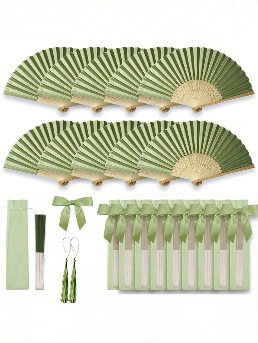 4/8/16/20pcs Set Green Wedding Favor Hand Fan Set, Ladies Folding Fan With Green Bow Tassel, Gift Bag, DIY Decor Gift For Women, Wedding Party Decoration. Suitable For Bridal Shower Favors, Return Gifts, Wedding Ceremony Gifts - Multicolor - View 1