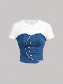 Blusa ajustada de manga corta de mezclilla con parches, estilo casual para mujer - Azul lavado medio - Ver 5