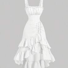 MOD Apricot Vintage Ruffled Hem Women's Dress, Casual Outfit For Early Autumn - Blanco - Ver 1