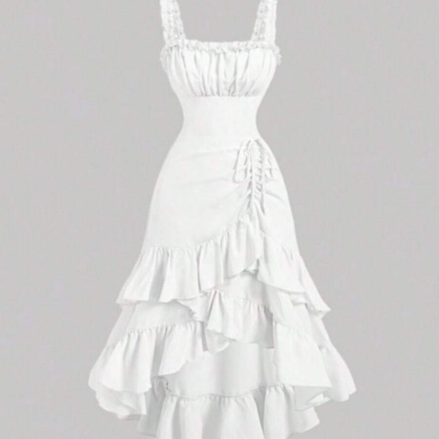 MOD Apricot Vintage Ruffled Hem Women's Dress, Casual Outfit For Early Autumn - Blanco - Ver 1