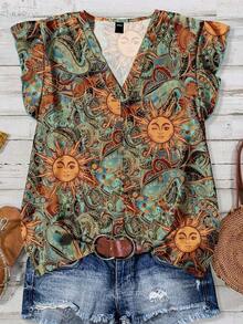 Blusa casual con cuello en V, estampado floral y volante en el bajo, adecuada para el verano - Multicolor 7 - Ver 1
