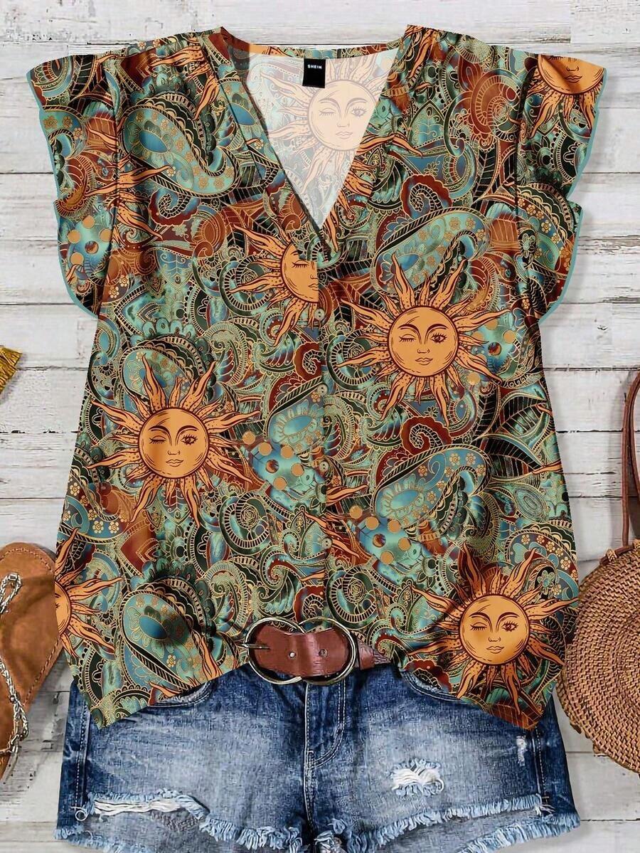 Blusa casual con cuello en V, estampado floral y volante en el bajo, adecuada para el verano - Multicolor 7 - Ver 1