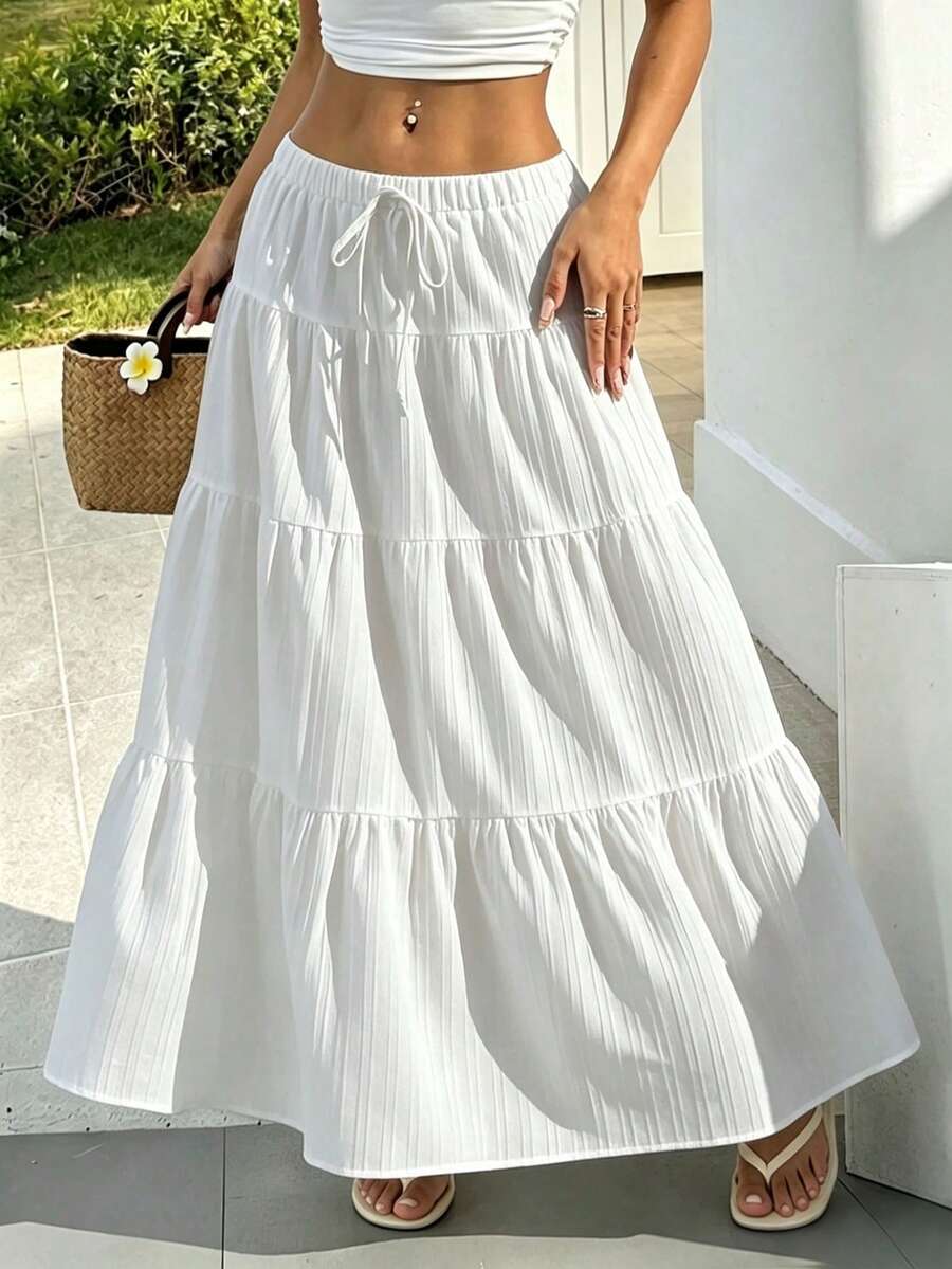 Plus Size Women's Spring/Summer Casual Solid Color Elastic Waist Tie-Up Patchwork Flared Loose Skirt - White 1 - View 1
