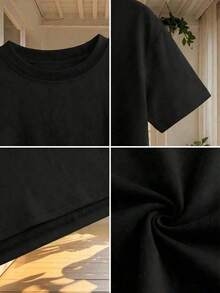 Blusa de mujer de cuello redondo, manga corta, holgada y casual, de estilo minimalista, elegante y sexy Y2K, adecuada para uso diario, oficina, hogar, exterior, primavera/verano - Negro - Ver 7