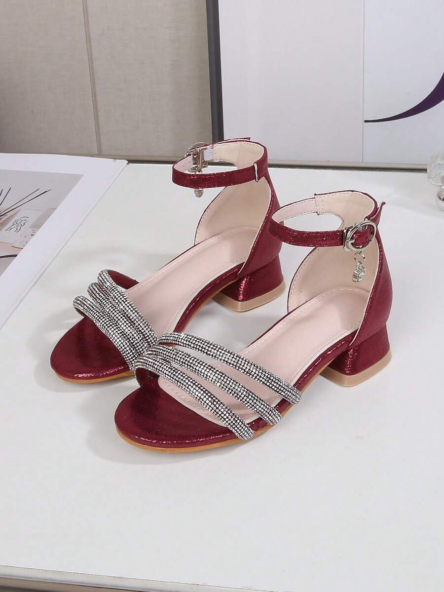 Summer New Fashion Rhinestone Peep Toe High Heel Sandals For Girls, Versatile Princess Shoes For Party, Wedding, Performance, Suitable For Toddler, Little, Big Kids - Burgundy - View 1