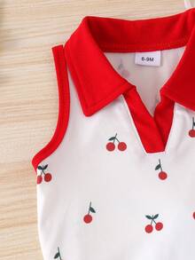 Conjunto de 2 piezas de top casual con bloque de color y falda corta de mezclilla con bordado de cereza para niñas bebé, ligero para verano - Blanco - Ver 5