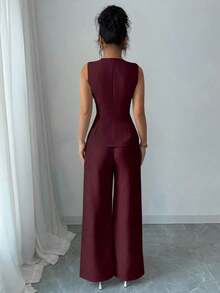 Traje casual/de trabajo elegante de mujer con decoración de botones florales - Burdeos - Ver 2