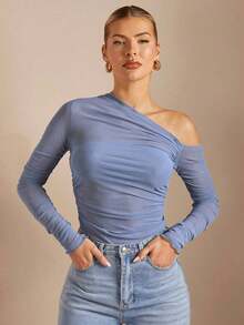 Camiseta Ajustada De Cuello Asimétrico Y Con Pliegues Y Perspectiva Para Mujeres - Gris - Ver 9