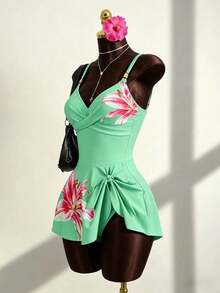Conjunto de bikini de 2 piezas con estampado floral, accesorio de metal y correa ajustable, de caliente para vacaciones de primavera/verano y playa - Verde - Ver 5